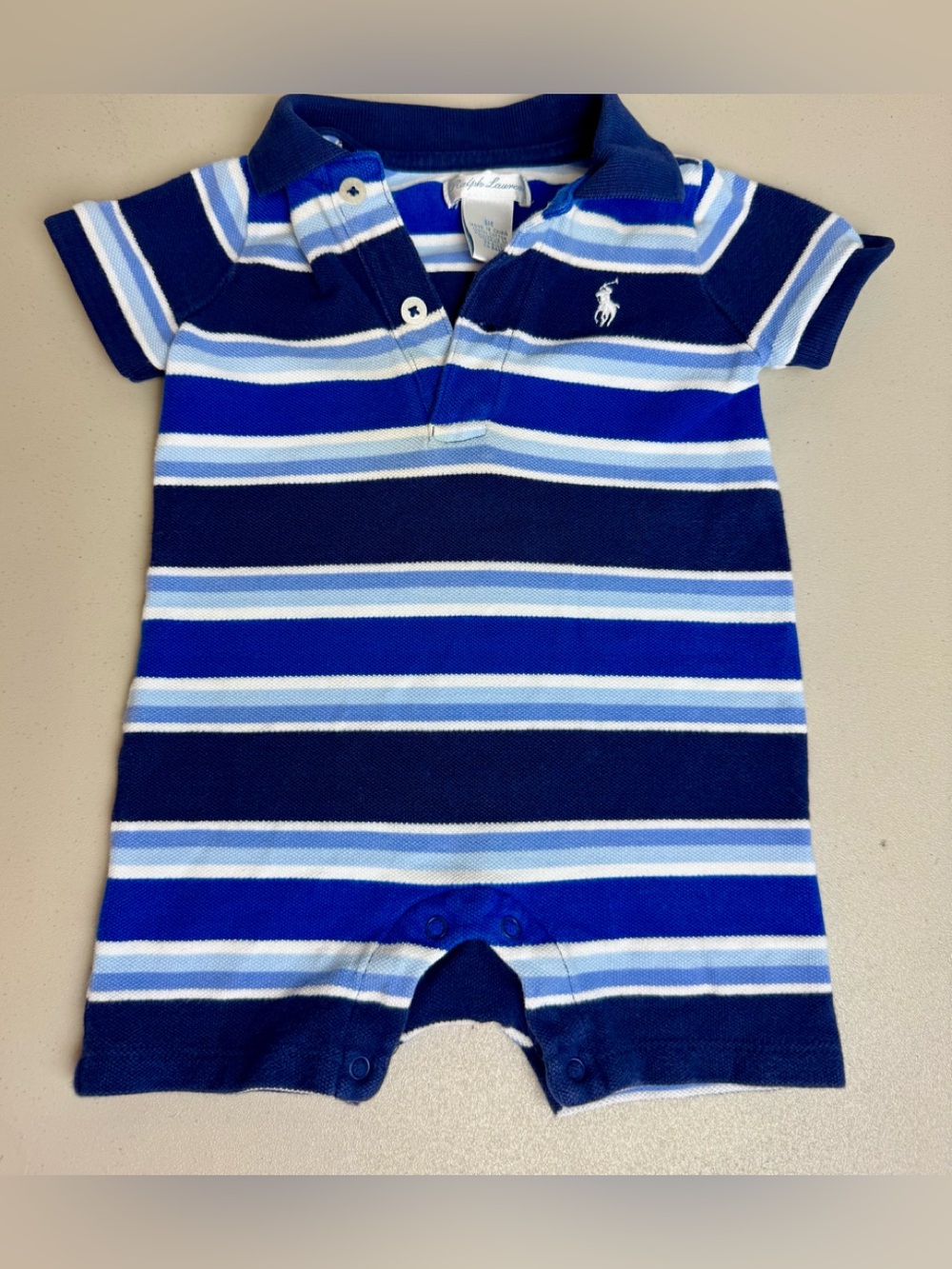 Polo Ralph Lauren Baby Boys Blue Short-Sleeve Striped Romper Shortall One pc 3M